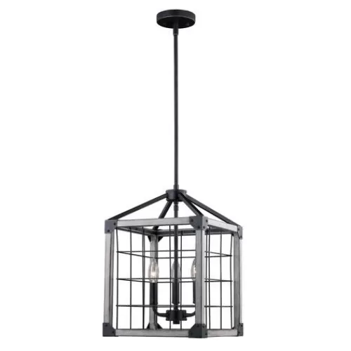 Brand New Patriot Lighting® Elegant Home Levon Weathered Gray Faux Wood & Black 3-Light Pendant>* Flash Sale