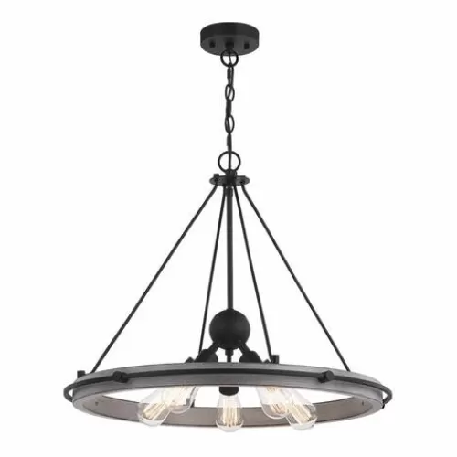 New Patriot Lighting® Clint Textured Black And Weathered Gray Faux Wood 5-Light Pendant>* New