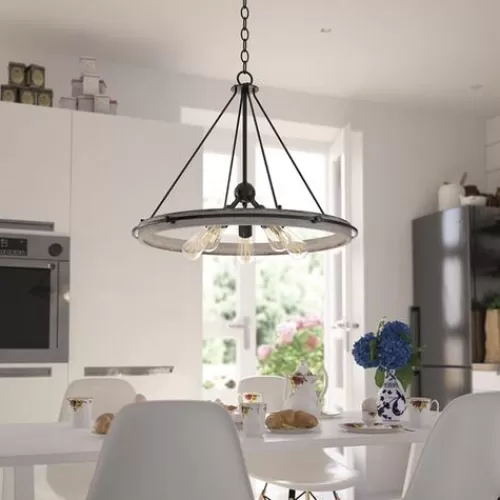 New Patriot Lighting® Clint Textured Black And Weathered Gray Faux Wood 5-Light Pendant>* New
